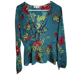 Gypsy Love Peplum Top Womens L Green Tie Front Floral Hippie‎ Boho Cottagecore